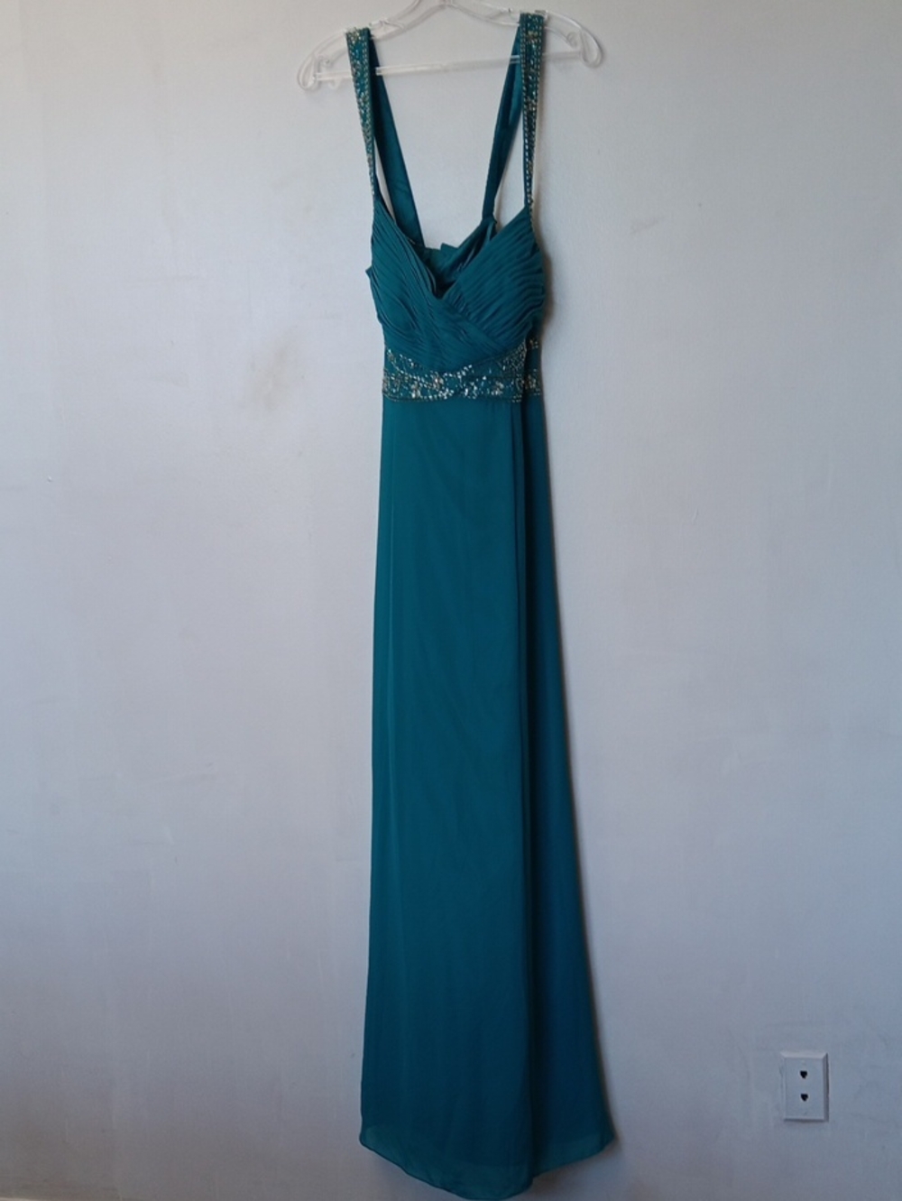 Faviana Teal Beaded Waist Maxi Dress